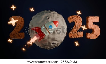A 3D rendering of a toy rocket orbiting a cratered moon-like planet, forming the "0" in 2025. Colorful flame spheres trail the rocket, surrounded by stars on a black background in a playful, childlike
