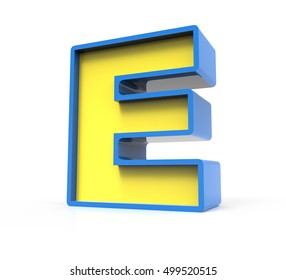 3d rendering toylike plastic yellow letter E with blue frame isolated on white background, 3d illustration, right leaning