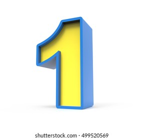 3d rendering toylike plastic yellow number 1 with blue frame isolated on white background, 3d illustration, right leaning