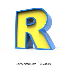 3d rendering toylike plastic yellow letter R with blue frame isolated on white background, 3d illustration, right leaning