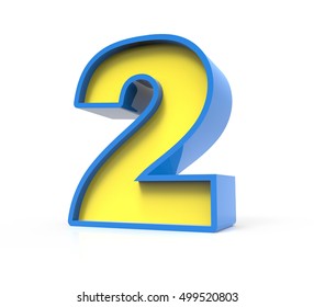 3d rendering toylike plastic yellow number 2 with blue frame isolated on white background, 3d illustration, right leaning