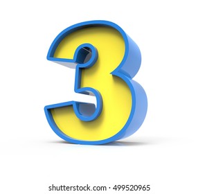 3d rendering toylike plastic yellow number 3 with blue frame isolated on white background, 3d illustration, right leaning