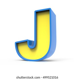 3d rendering toylike plastic yellow letter J with blue frame isolated on white background, 3d illustration, right leaning