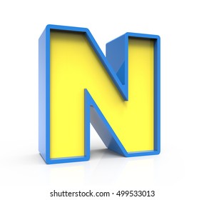 3d rendering toylike plastic yellow letter N with blue frame isolated on white background, 3d illustration, left leaning