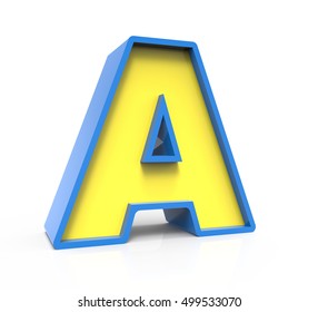 3d rendering toylike plastic yellow letter A with blue frame isolated on white background, 3d illustration, left leaning