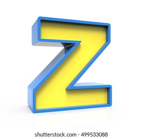 3d rendering toylike plastic yellow letter Z with blue frame isolated on white background, 3d illustration, left leaning
