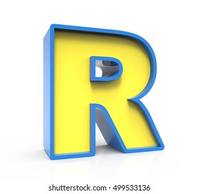 3d rendering toylike plastic yellow letter R with blue frame isolated on white background, 3d illustration, left leaning