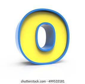 3d rendering toylike plastic yellow letter O with blue frame isolated on white background, 3d illustration, left leaning