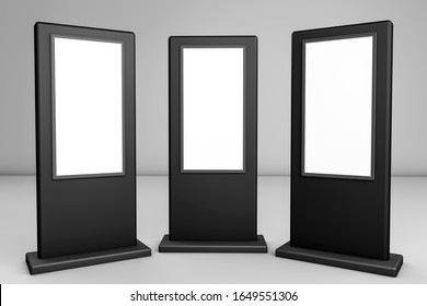 3d rendering of trade and retail concepts. Empty advertising billboard.Totem light box. Commercial outside baner for ad. Front, left and right side views of empty street banner.