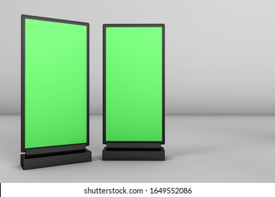 3d rendering of trade and retail concepts. Empty green screen advertising billboard.  Clear outdoor poster template and commercial outside baner for ad. Empty street banner with copy space.