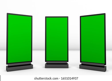 3d rendering of trade and retail concepts. Empty green screen advertising billboard.Totem light box. Commercial outside baner for ad. Front, left and right side views of empty street banner.