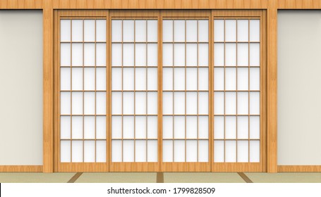 3d rendering. Traditional oriental Japanese White paper door and tatami floor room design background.