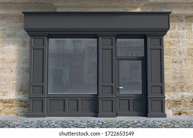 3D rendering of a traditional storefront façade with dark gray wood.