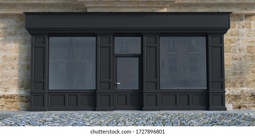 3D rendering of a traditional storefront façade with dark gray wood.