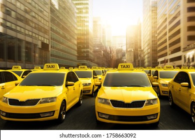 3D rendering of a traffic jam of yellow taxis in a strike.