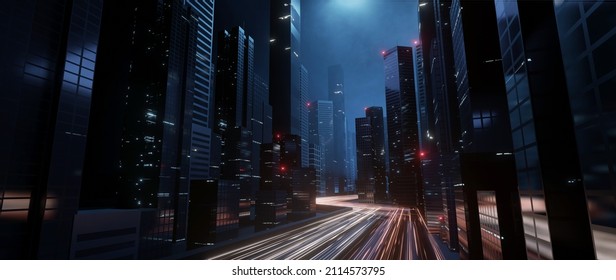 3D Rendering Of Trail Lights From Highway And Light Reflection From Buildings In Mega City At Night. Concept Of Technology Background, Cyberpunk, Fin Tech, Big Data, 5g Fast Network, AI