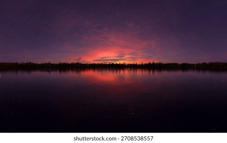 3d Rendering of a tranquil sunset over a calm lake, starry sky, and silhouetted trees reflecting on the water.
