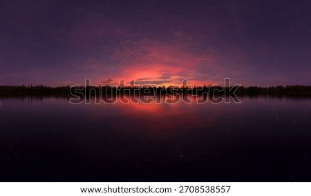 3d Rendering of a tranquil sunset over a calm lake, starry sky, and silhouetted trees reflecting on the water.