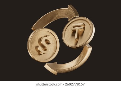 3d rendering transfer of two coins, one dollar and one Tenge