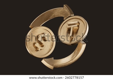 3d rendering transfer of two coins, one dollar and one Tenge