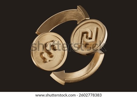 3d rendering transfer of two coins, one dollar and one Israeli Shekel