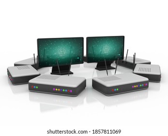 3d rendering Transmitter wi-fi with computer network