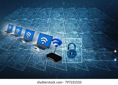 3d rendering Transmitter WiFi modem with laptop
