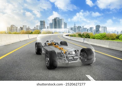 3d rendering transparent ev car or electric vehicle in town with cityscape background