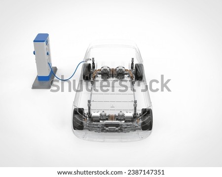 3d rendering transparent ev car or electric vehicle plug in with recharging station