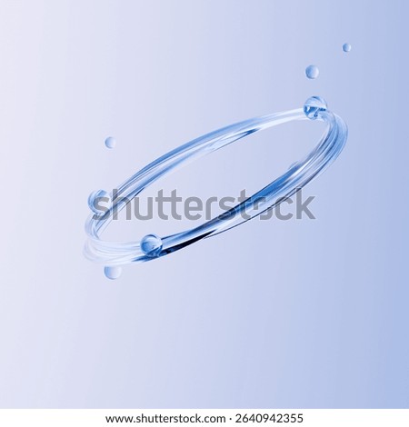 3D rendering of a transparent liquid ring with floating water drops on a soft gradient background. Mockup for cosmetic product showcase with a clean, hydrating, and futuristic aesthetic.