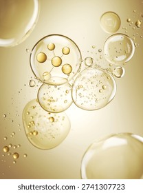 3D rendering of transparent yellow serum droplets containing collagen molecules, scientific skincare concept for beauty products.