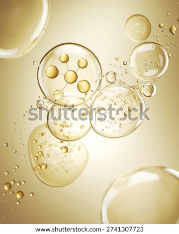 3D rendering of transparent yellow serum droplets containing collagen molecules, scientific skincare concept for beauty products.