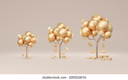 3D Rendering Trees With Coins Falling Down From Small To Big In Gold Theme On Background Concept Of Money Tree Financial Investment. 3D Render Illustration.