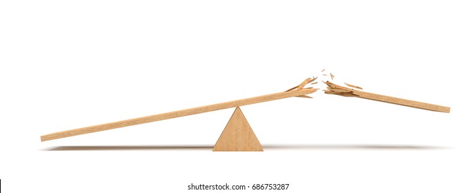 3d Rendering Of A Triangle Seesaw Made Of Light Wood With A Broken Plank On White Background.Playground Equipment. Heavy Weight. Work And Leisure Misbalance.