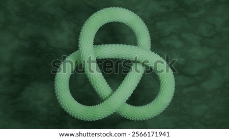 3d rendering of a triple node, a torus, or a geometric shape. A green jade object with dragon scales. Jade dragon, a snake made of green jade. The idea of the year of the snake.