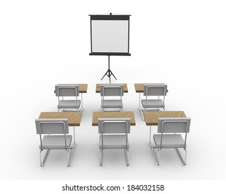 3d rendering of tripod projector screen and chairs in an empty conference meeting room.