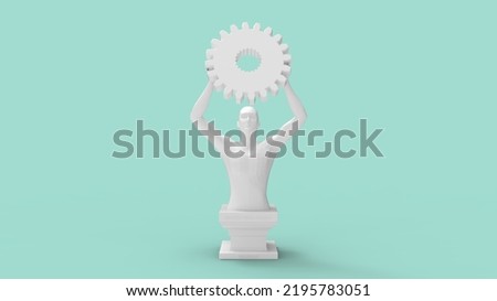 3D rendering of a trophy cup prize winner competition medal. Engineering cog gear man holding and celebrating win reward isolated on empty space studio background. 3D Illustration
