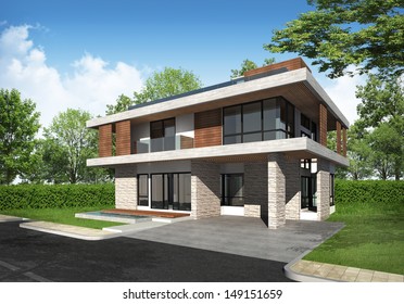  3D Rendering Of Tropical House Exterior 