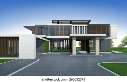 3D Rendering Of Tropical House Exterior.