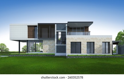 3D Rendering Of Tropical House Exterior.