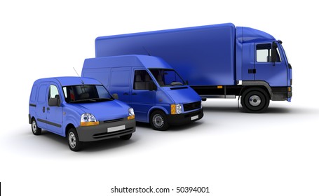 3D Rendering Of A Truck, A Van And A Lorry Against A Neutral Background