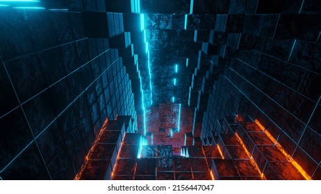 3D rendering Tunnel Abstract Tech Curved Science Fiction Metal Grid Luminosity Tubes