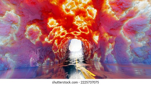 3d rendering. A tunnel with a road going into the distance with a stone texture with bright luminous streaks or cracks.