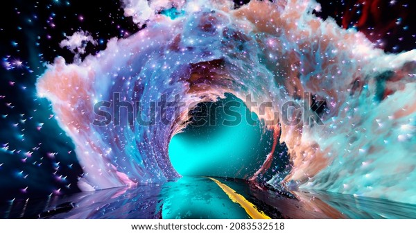 3d rendering. Tunnel with a road stretching into the distance with the texture of clouds and nebulae in open space.