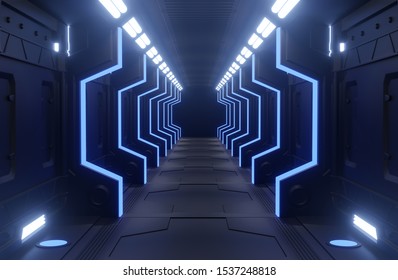 3D rendering tunnel Spaceship black and blue  interior ,corridor