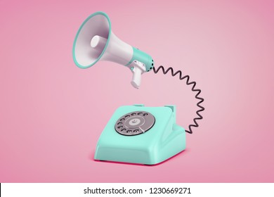 3d Rendering Of Turquoise Retro Phone With A Dial Stands On A Pink Background Connected To A Megaphone By A Black Cord. Retro And Vintage Tech. Phone And Dial. Communication And Public Speech.