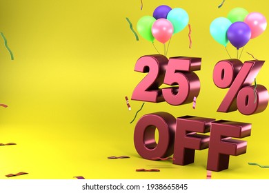 3d rendering of Twenty Five Percent Off, Different Ballon Color and Yellow Theme. perfect for background, presentation, Price, add picture, advertisement product and mock up object.