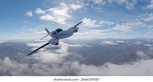 3D rendering of a twin-engine plane soaring above clouds and mountain scenery