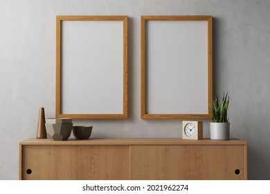 3d rendering of two 24 x 36 inch hanging on the clean white wall canvas paper for poster, illustration or artwork mock up in walnut wood frame in warm ambient modern minimalist living room interior