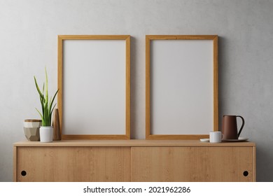 3d rendering two 24 x 36 inch size canvas paper for poster and artwork mockup in walnut wood frame sitting on wooden sideboard buffet with interior decoration in diffused modern interior